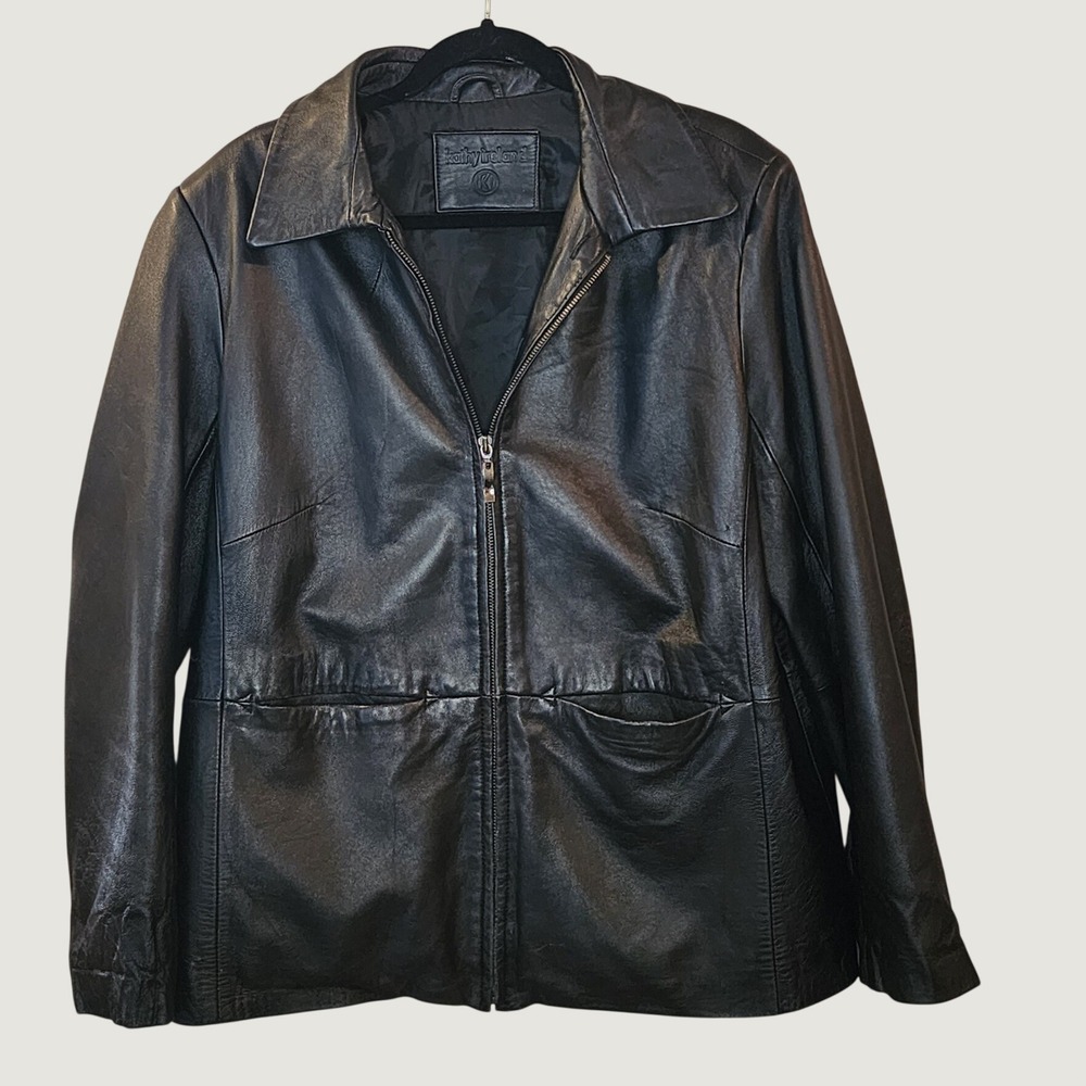 Kathy Ireland Leather Jacket Womens Large Black Good Y2K Zip Front 90s Style